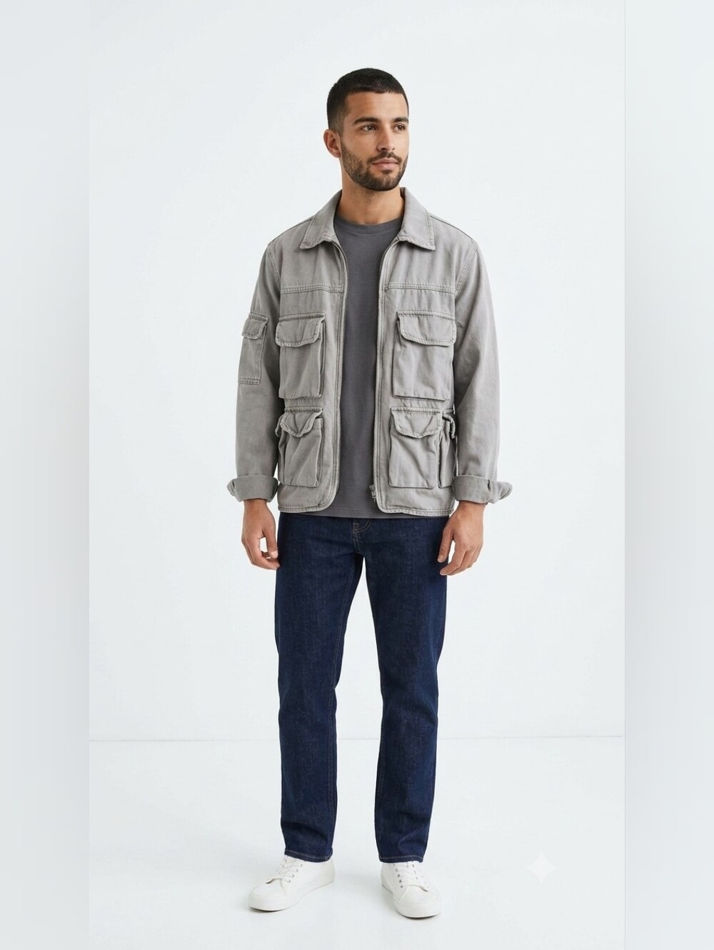 H&M Divided Gray Utility Cargo Denim Jacket Size Medium Full Zip Pockets